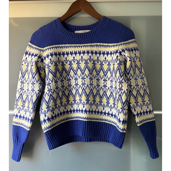 LOFT Petite Fair Isle Geometric Knit Sweater Blue Yellow White Women's SP - Picture 2 of 8